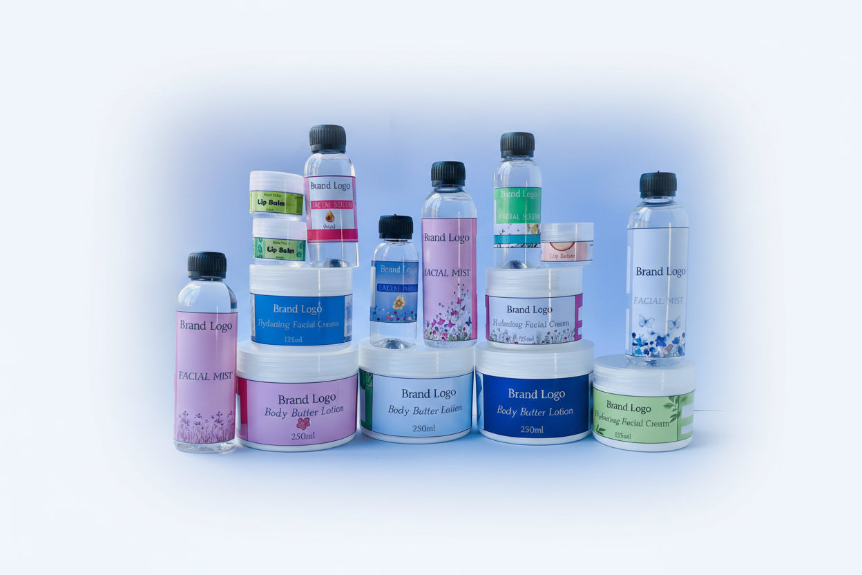 Assorted skincare products with brand logos on a blue background